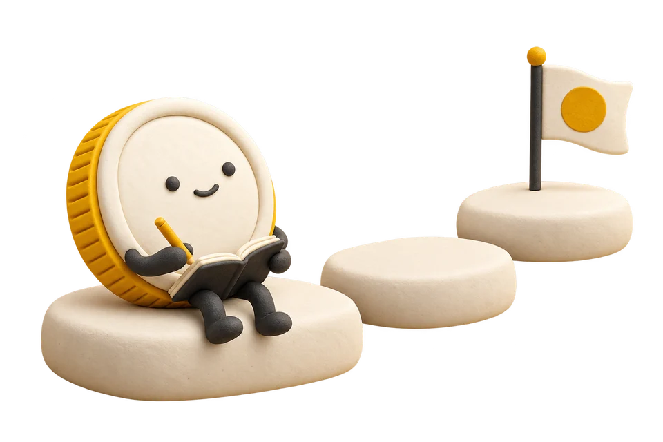 A smiling clay coin with a notebook, taking small steps towards a goal.